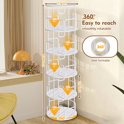 White 5-Tier 360¡ã Rotating Book Tower Vertical Spinning Design Space-Saving Home Living Room Storage Organizer