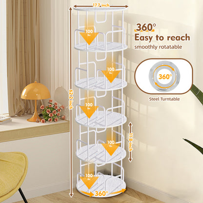 White 5-Tier 360¡ã Rotating Book Tower Vertical Spinning Design Space-Saving Home Living Room Storage Organizer