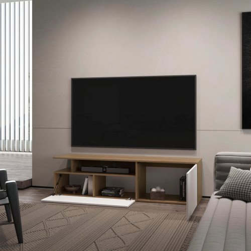 Natural Oak and White 63 inch TV Stand with Drop-Down Door Storage