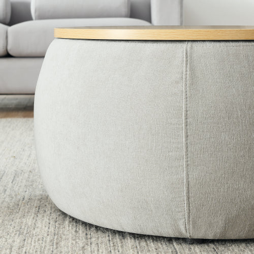 Light Grey Round Pleated Fabric Storage Ottoman with Built-In Stool, 25 inch x25 inch x14.7 inch, 250 LBS Weight Capacity