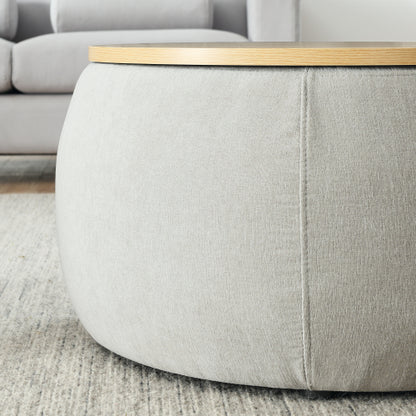 Light Grey Round Pleated Fabric Storage Ottoman with Built-In Stool, 25 inch x25 inch x14.7 inch, 250 LBS Weight Capacity