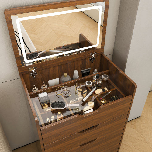 Walnut 3-in-1 Flip-Top LED Vanity Desk 23 inch L, HD Shatter Resistant Mirror & Storage Stool