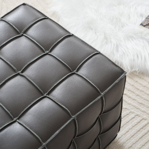 17.32 Inch Grey Genuine Leather Tufted Ottoman, Multi-Purpose Square Footstool for Bedroom & Living Room
