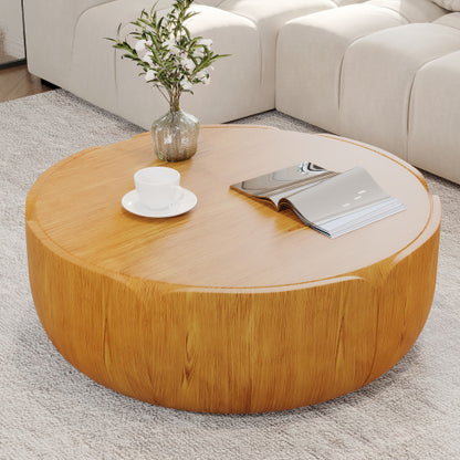 35.63" Round Outdoor Indoor Coffee Table, Modern Wood Grain Drum Center Table, Sturdy MGO (Magnesium Oxide) Waterproof, No-Assembly Table for Patio, Garden, Backyard, Living Room (Wood Color)