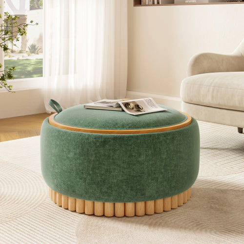 29 Inch Green Chenille Round Storage Ottoman, Reversible Tray Lid Ottoman with Rubberwood Base, No Assembly Needed