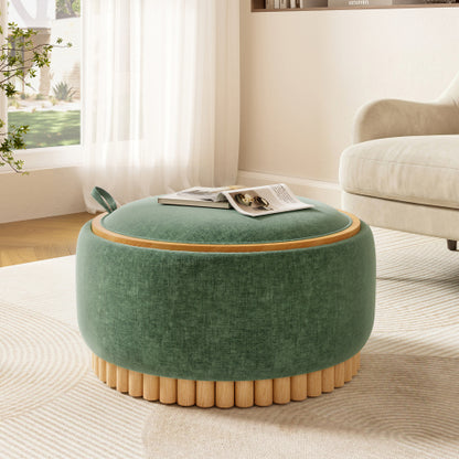 29 Inch Green Chenille Round Storage Ottoman, Reversible Tray Lid Ottoman with Rubberwood Base, No Assembly Needed