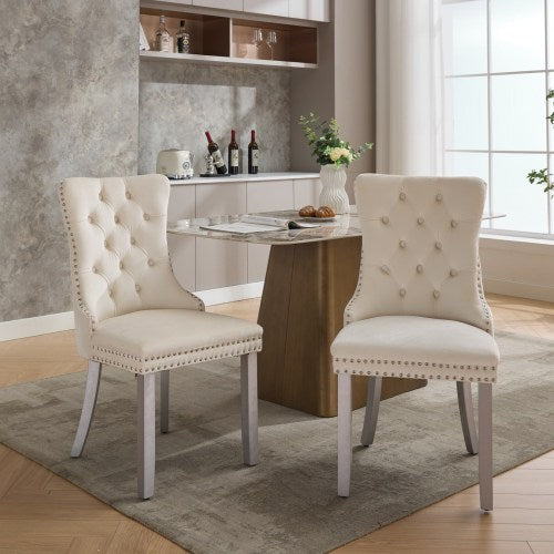 Set of 2 Wheat Polyester Fabric Armless Dining Chairs, Dark Walnut Wood Frame Iron Tapered Legs