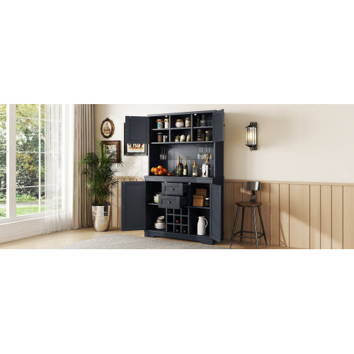 Coffee Bar Cabinet Kitchen Cabinet with Storage, Farmhouse Wine Cabinet with Drawers shelves and cabinets, Buffet Cabinet Wine & Glass Racks for Dining Room, Kitchen, Dark Blue