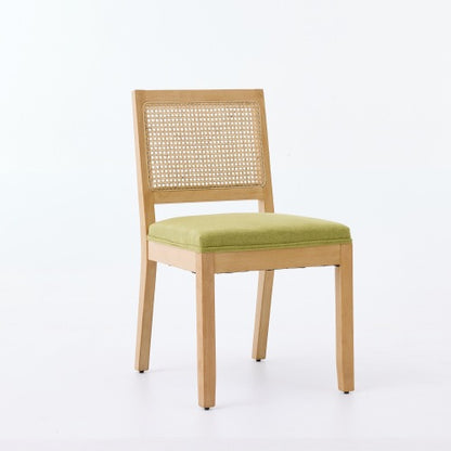 Set of 2 Olive Green Farmhouse Cane Rattan Dining Chairs, Distressed Solid Hardwood Linen Upholstered Side Chairs 300 LBS Capacity