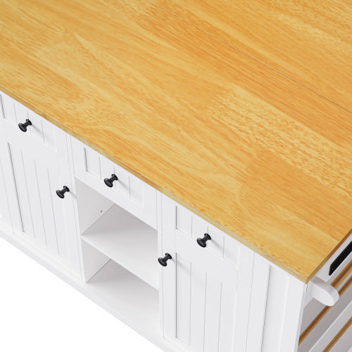 53inch Large Kitchen Island with Drop Leaf, Power Outlet, Door Internal Storage Rack, Rolling Kitchen Cart on 5 Wheels with 5 Open Side Racks for Kitchen, Dining Room,White(Not include bar stools)