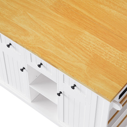 53inch Large Kitchen Island with 2 Bar Stools, Power Outlet,Door Internal Storage Rack, Kitchen Storage Cart on 5 Wheels with Drop Leaf, 5 Open Side Racks, 3 Drawers,White(Three Packages)
