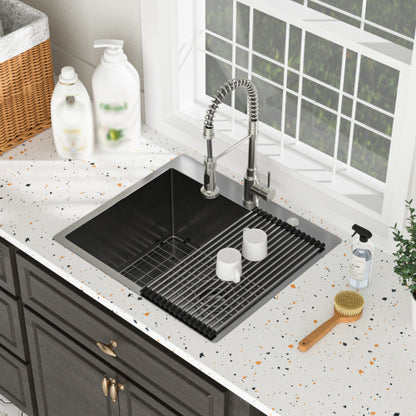 Laundry Sink Drop In - 25" x 22" x 12" Laundry Utility Sink 16 Gauge Stainless Steel Drop In Topmount Gunmetal Black 12 Inch Deep Single Bowl Above Counter Utility Laundry Room Sink Basin