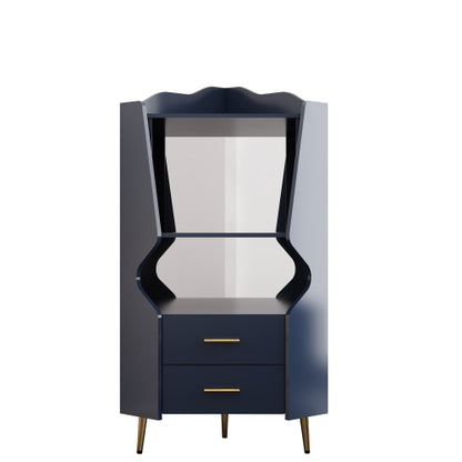 Wooden Corner bar cabinet with 2 open storage shelves and 2 drawers, mirrored back sideboard cabinet, high feet/legs for easy cleaning, buffet cabinet BLUE