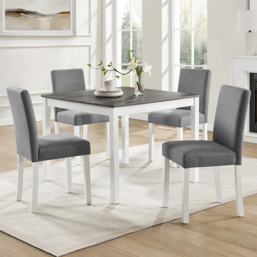 5-Piece Grey & White Two Tone Dining Set, Square Wooden Table with 4 Upholstered Chairs