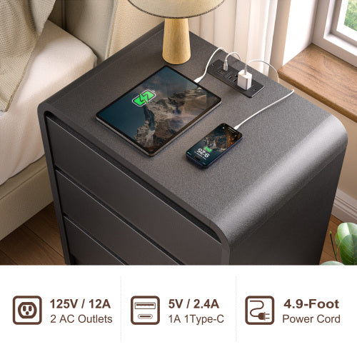 Black Smooth 3-Drawer Nightstand with USB Charging Station, Mid-Century Bedside Table