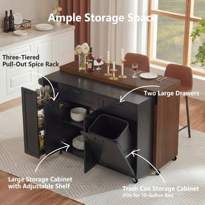 102 Inch Kitchen Island with Extendable Dining Table & Trash Storage Black
