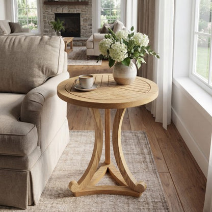 Natural Finish Round Wood Accent Table, Curved Tripod Base Slatted Top End Table, 17.72inch D x 20.67inch H