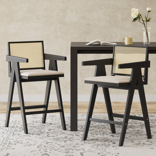 27inch Height, Cream Grey Woven Cane Plastic Backrest Bar Stool - Foam-Padded Fabric Seat & Durable Rubberwood Frame