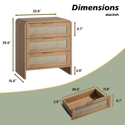 Rattan Nightstand with 3 Drawers, 22.8inch  Wide Curved Wooden Bedside Table, Modern Storage for Bedroom, Caramel Oak.