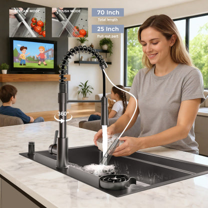 33 Inch Gunmetal Black Waterfall Kitchen Sink with Pull Out Faucet Combo, Workstation Smart Black Drop-in Sink PVD nano, Modern Single Bowl Waterfall Stainless Steel with Various Accessories