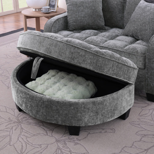 Gray 2-Seater Sofa with Irregular Arms, Storage Footrest & 2 Throw Pillows