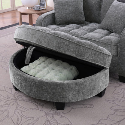 Gray 2-Seater Sofa with Irregular Arms, Storage Footrest & 2 Throw Pillows