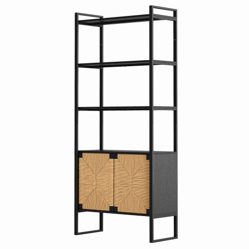 Rattan Storage Bookshelf with Cabinet for Living Room Bedroom