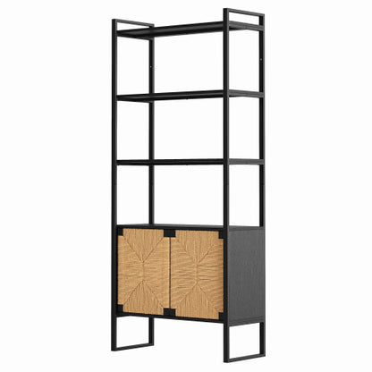 Rattan Storage Bookshelf with Cabinet for Living Room Bedroom
