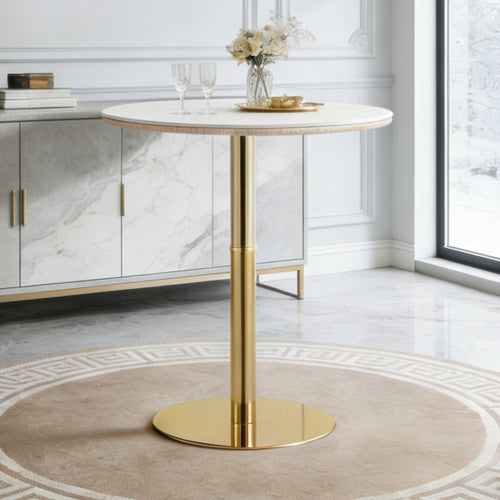 Rock slab circular tabletop non adjustable (39.5 inches high) bar table, bar table with gold legs and base (white+gold)