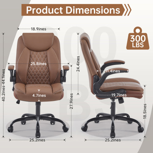 Leather Office Ergonomic Home Office Desk Chair, Back Support Swivel Executive Office Chair with Wheels and Flip-Up Armrests, Small Gaming Chair with Adjustable Rocking Function, Brown
