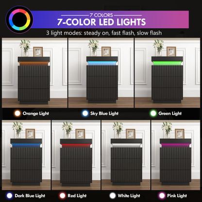 2 Pack Black Nightstand, Sliding Top Charging Station & RGB LED Fluted Drawers