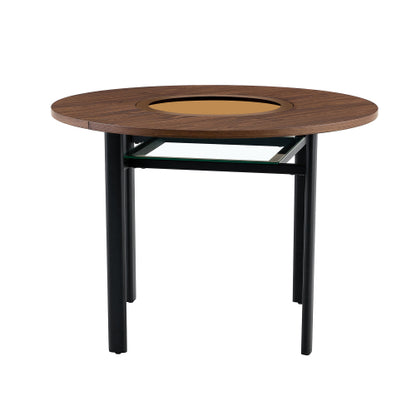 Round Wood Grain Dining Table with Glass Inlay & Glass Shelf