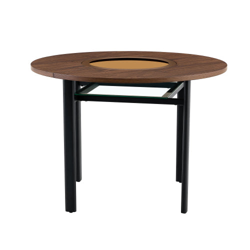 Round Wood Grain Dining Table with Glass Inlay & Glass Shelf