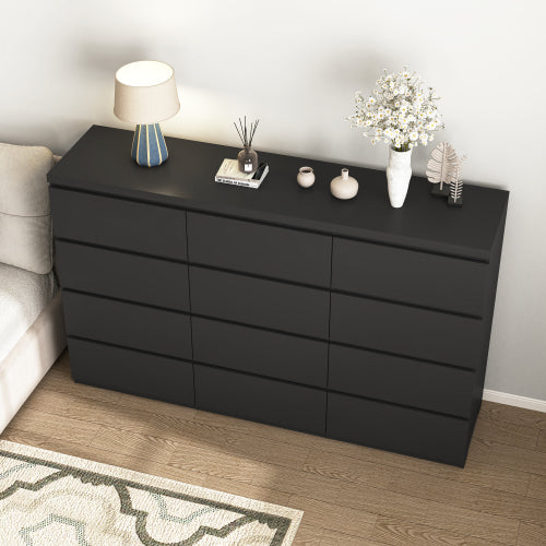 12 Drawers Double Dresser, Modern Wood Dresser Chest of Drawers with Large Storage Space for Bedroom, Black