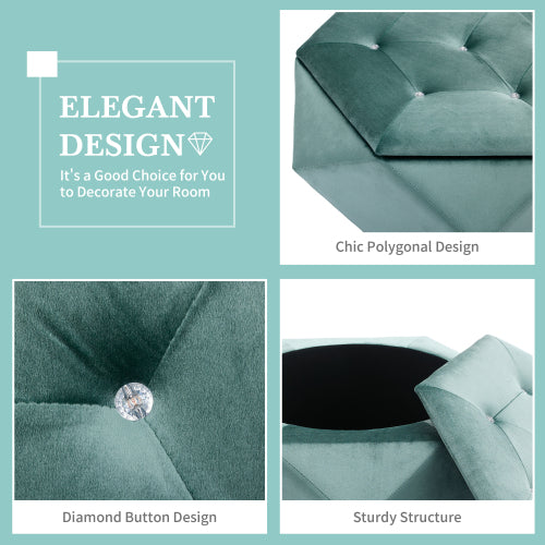 34 inch Green Polygon Velvet Storage Ottoman, Diamond Tufted Upholstered Footrest for Living Room & Bedroom Storage