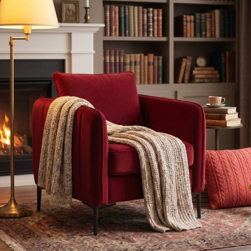 Mid-Century Modern Velvet Accent Armchair with 1 Pillow & Metal Legs