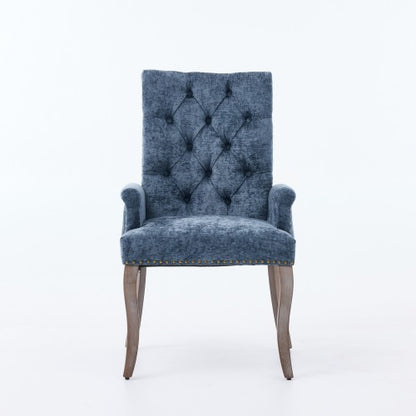 Upholstered Chenille Arm Dining Chair, Tufted Accent Chair with Curved Solid Wood Legs, Blue, Single Pack