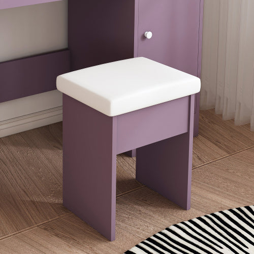 Purple Modern Vanity Desk Set, Dimmable 3?Color LED Mirror, MDF Build, Padded Stool for Bedroom Apartment