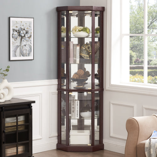 Dark Cherry Corner Lighted Glass Display Cabinet Adjustable Shelf Magnetic Closure Home Wine Collectibles Showcase