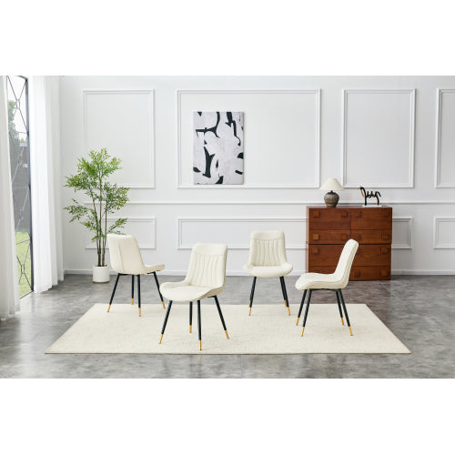 Dining Chairs Set of 4, White PU Tech Fabric, Black Metal Legs, Gold Accents, High Back