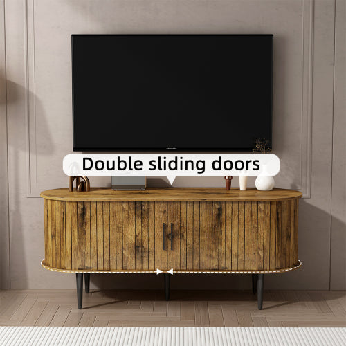 47 Inch Brown Mid-Century Fluted Sliding Door TV Console MDF Entertainment Center with Metal Legs