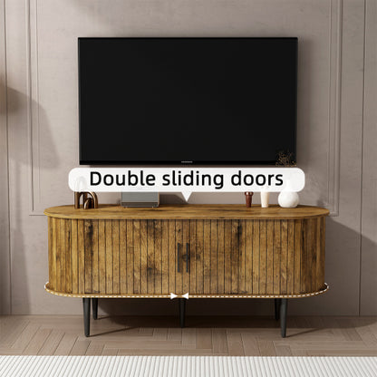 47 Inch Brown Mid-Century Fluted Sliding Door TV Console MDF Entertainment Center with Metal Legs