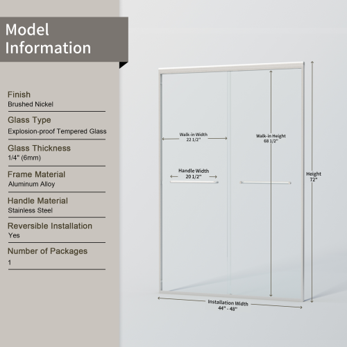 44-48 in. W x 72 in. H Double Sliding Shower Door, Semi-frameless Bypass Bathroom Sliding Door with 1/4" (6mm) Tempered Glass for Walk-in Shower, Brushed Nickel 24D03-48BNX