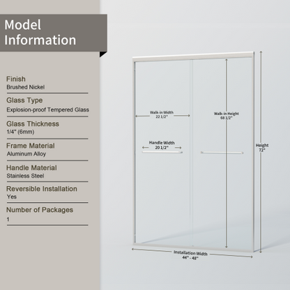 44-48 in. W x 72 in. H Double Sliding Shower Door, Semi-frameless Bypass Bathroom Sliding Door with 1/4" (6mm) Tempered Glass for Walk-in Shower, Brushed Nickel 24D03-48BNX