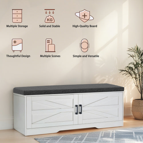 2-Tier Storage Bench, Farmhouse Shoe Bench with Padded Seat Cushion, Entryway Bench with 2 Barn Doors & 2 Adjustable Shelves, 13.75inch  D x 39.4inch  W x 17.72inch  H, for Entryway, Bedroom, Living Room, White