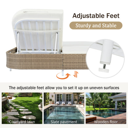 TREXM Outdoor Daybed, Patio Rattan Daybed with 5-Position Adjustable Backrest and Removable Cushions&Pillows, Iron Frame Outdoor Bed Loveseat for Garden, Backyard, Poolside (White Frame+Beige Cushion)