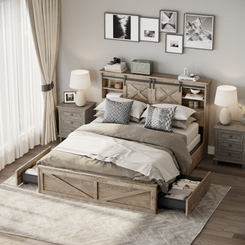 Farmhouse Bed Frame Queen Size with LED Lights and Charging Station, Wooden Queen Bed with 2 Storage Drawers, Rustic Headboard with Sliding Barn Door Storage Cabinets