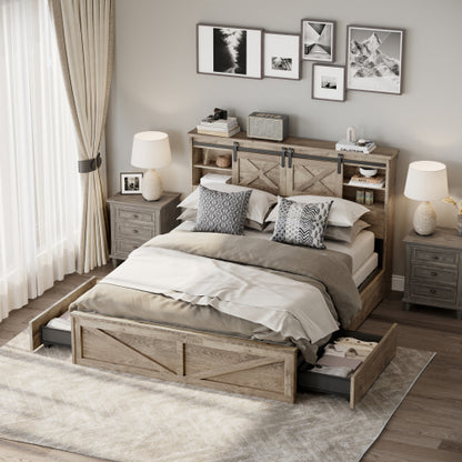 Farmhouse Bed Frame Queen Size with LED Lights and Charging Station, Wooden Queen Bed with 2 Storage Drawers, Rustic Headboard with Sliding Barn Door Storage Cabinets