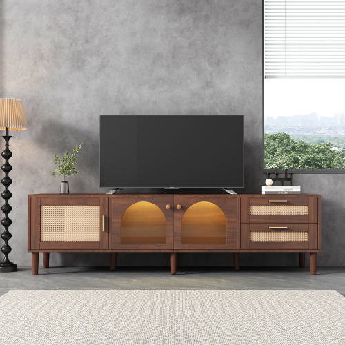 70.8 inch Dark Brown App Control LED Rattan TV Stand Glass Storage For 80 Inch TV