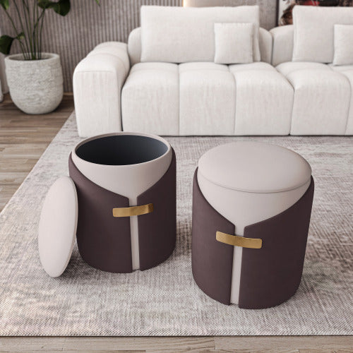 Brown Two-Toned Storage Ottoman with Gold Accents, Multiuse Vanity Stool 14.5 inchx14.5 inchx17.5 inchH, 265 LBS